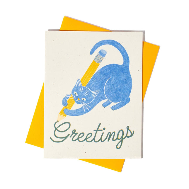 Greetings Pencil Cat - Risograph Card