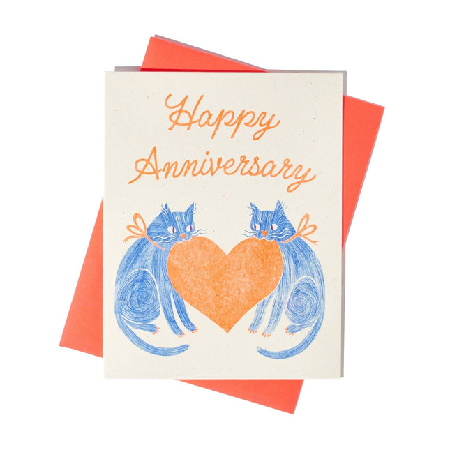 Anniversary Heart Cats - Risograph Card