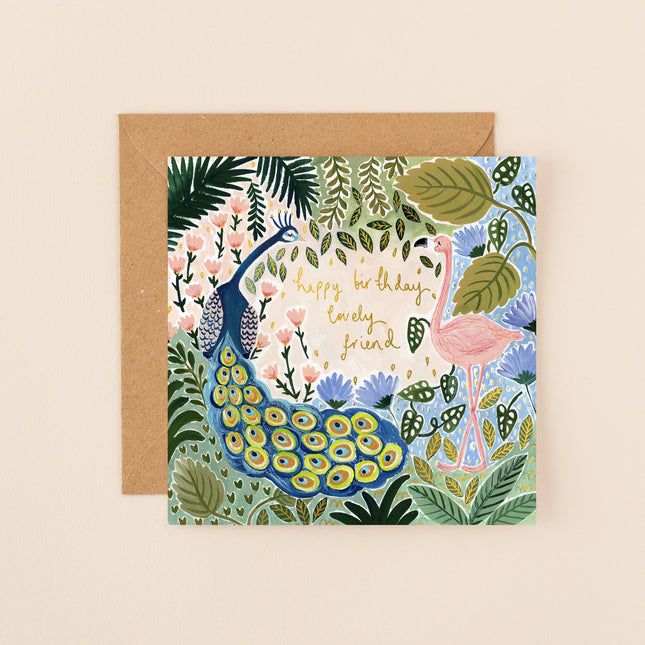 Louise Mulgrew Peacock and Flamingo Lovely Friend Birthday Card