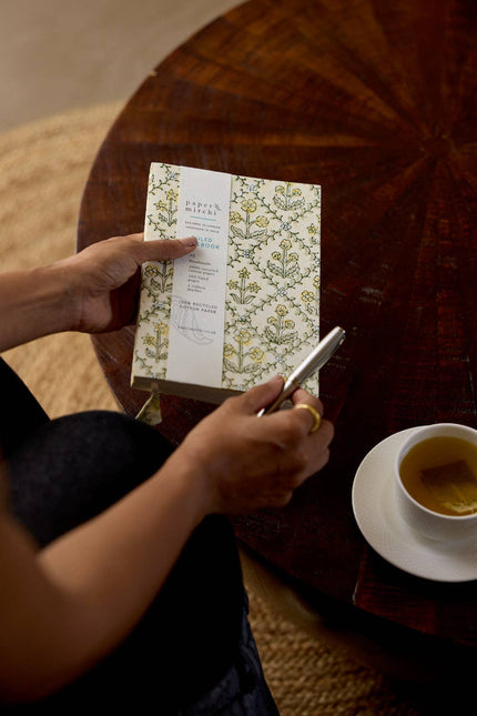 Block Printed Ruled Notebook (A5) - Floral Lattice Buttercream