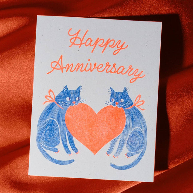 Anniversary Heart Cats - Risograph Card