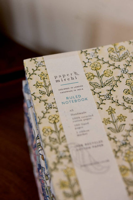 Block Printed Ruled Notebook (A5) - Floral Lattice Buttercream