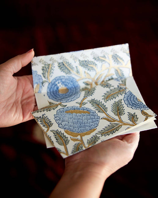 Hand Block Printed Greeting Card - Marigold Glitz Blue Stone