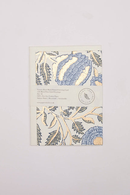 Hand Block Printed Greeting Card - Marigold Glitz Blue Stone